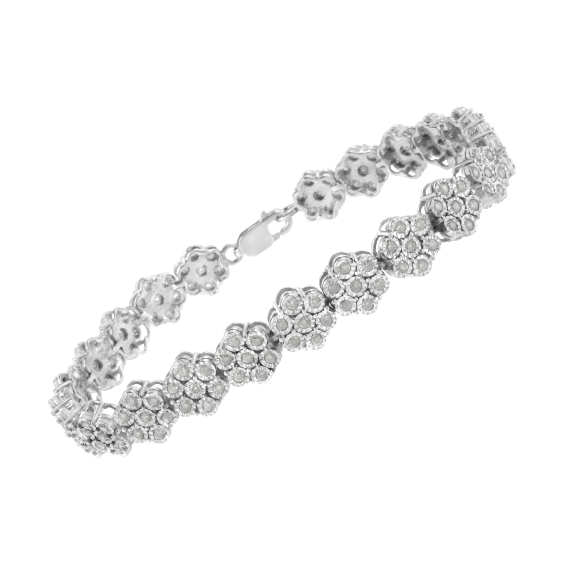 .925 Sterling Silver 2.0 cttw Diamond 7 Stone Floral Cluster Link Bracelet (I-J Color, I3 Clarity) -7.25" - Bijoux-NYC Direct