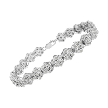 .925 Sterling Silver 2.0 cttw Diamond 7 Stone Floral Cluster Link Bracelet (I-J Color, I3 Clarity) -7.25" - Bijoux-NYC Direct