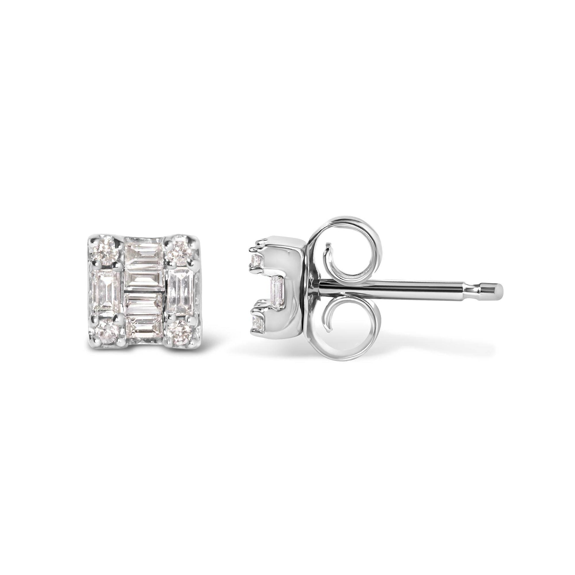 10K White Gold 1/7 Cttw Round and Baguette Diamond Mosaic Square Stud Earrings (H-I Color, I1-I2 Clarity) - Bijoux-NYC Direct