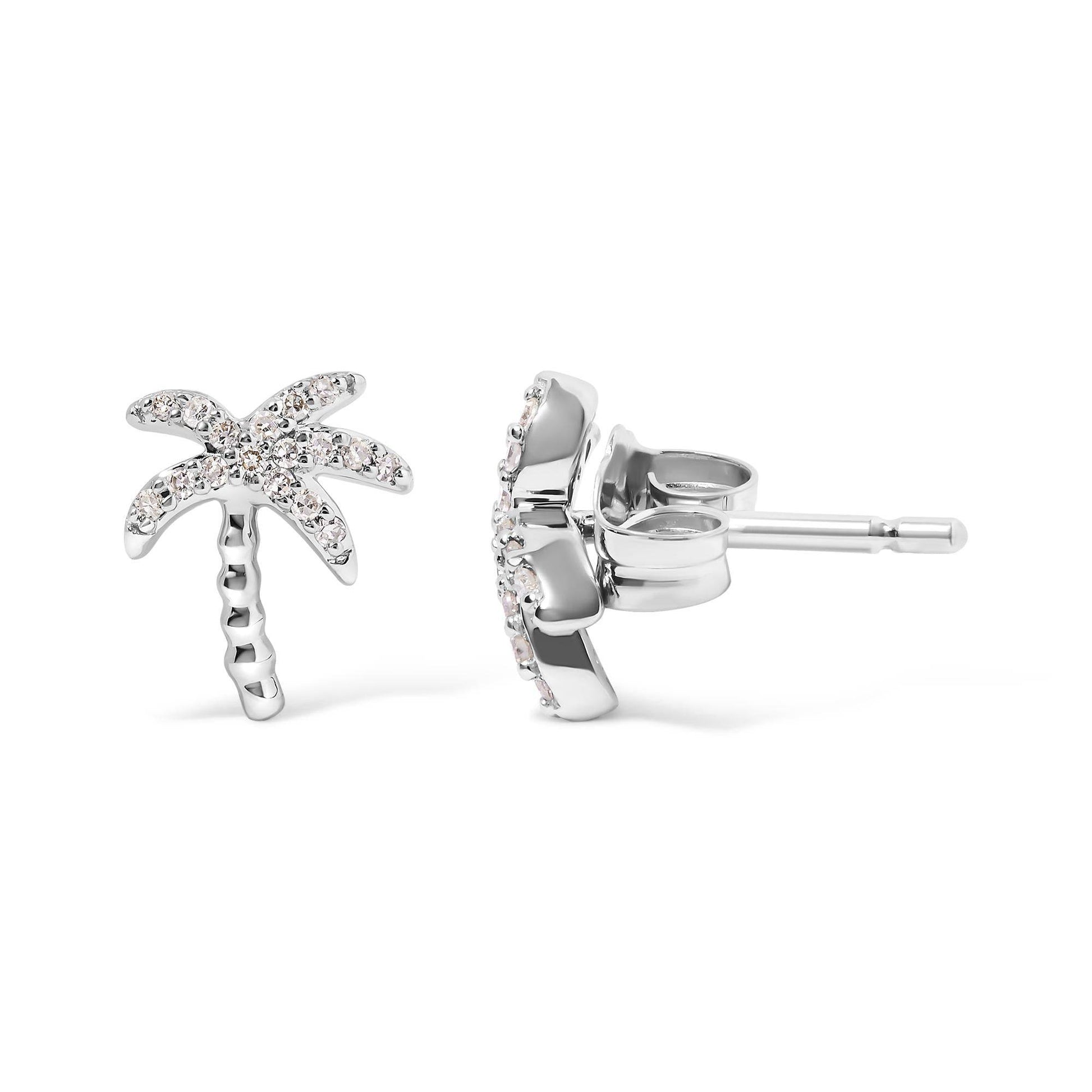 10K White Gold 1/10 Cttw Diamond Encrusted Palm Tree Stud Earrings (H-I Color, I1-I2 Clarity) - Bijoux-NYC Direct