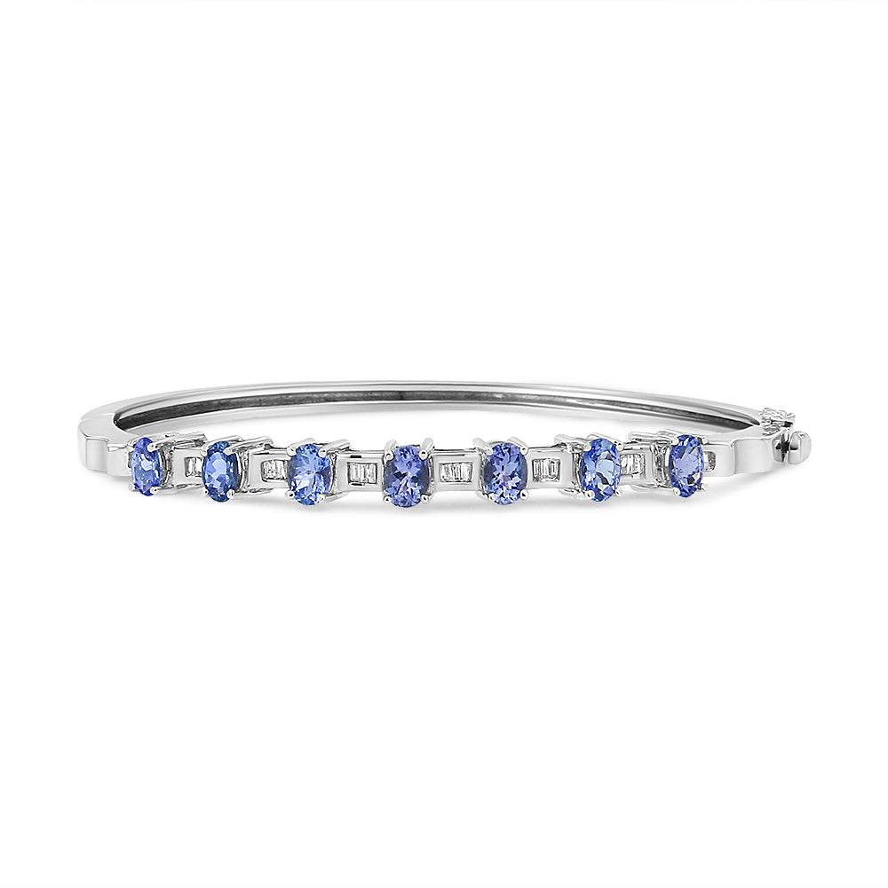 14K White Gold 5 MM Oval Blue Tanzanite and 1/4 Cttw Diamond Bangle (H-I Color, VS2-SI1 Clarity) - Fits wrists up to 7 1/2 Inches - Bijoux-NYC Direct