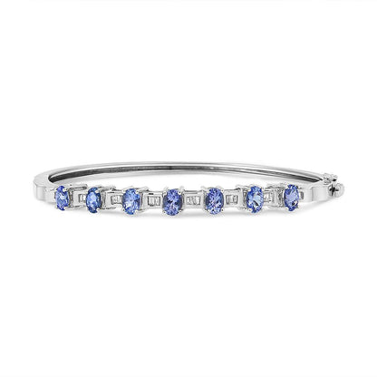 14K White Gold 5 MM Oval Blue Tanzanite and 1/4 Cttw Diamond Bangle (H-I Color, VS2-SI1 Clarity) - Fits wrists up to 7 1/2 Inches - Bijoux-NYC Direct
