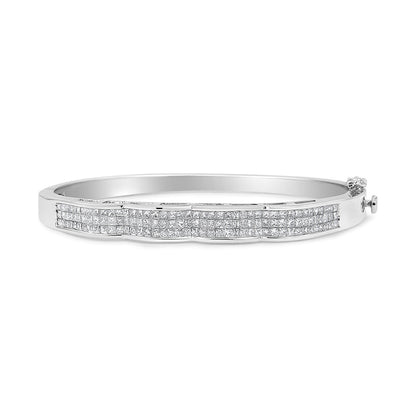 14K White Gold 3 1/3 Cttw Invisible Set Princess-Cut Diamond Wave Bangle Bracelet (H-I Color, SI1-SI2 Clarity) - Size 7" - Bijoux-NYC Direct