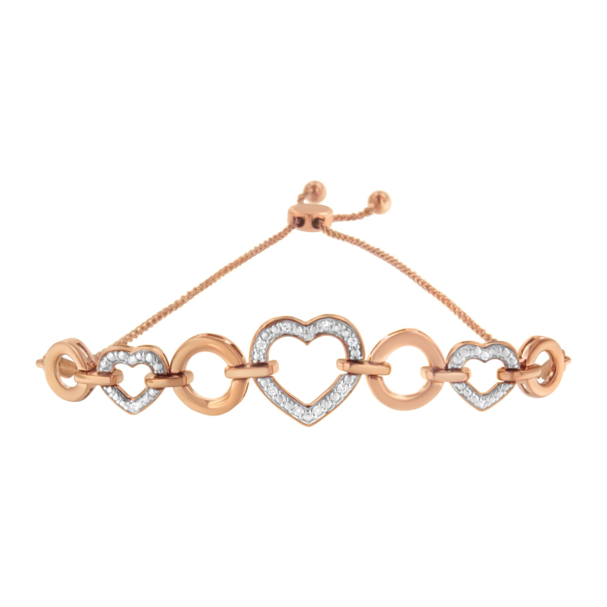Rose gold bracelet with heart-shaped links on a white background
