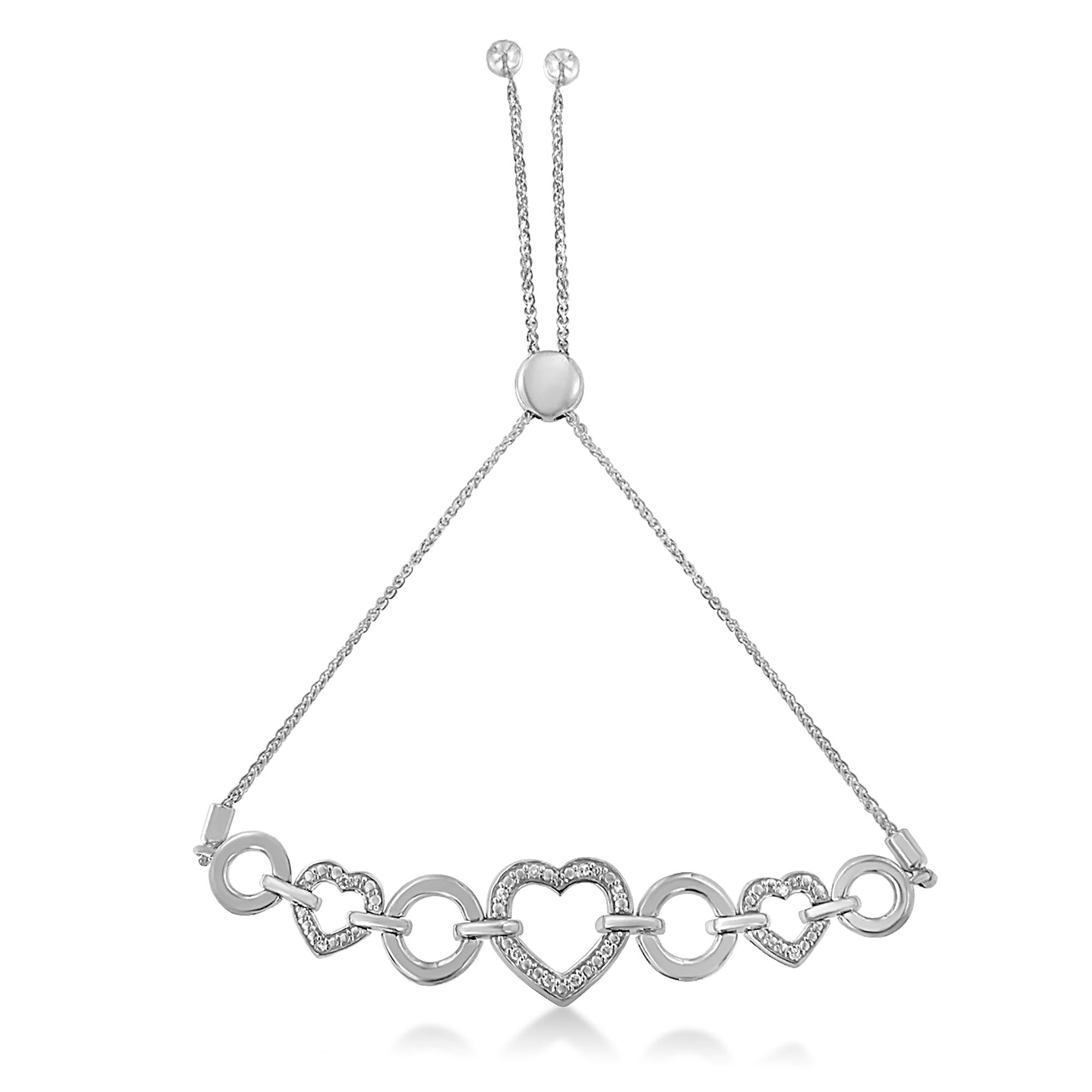 Silver necklace with heart-shaped links on a white background
