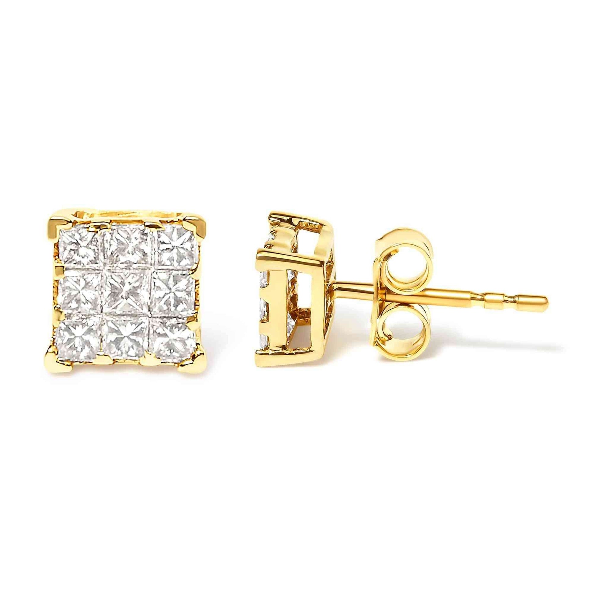 14K Yellow Gold 1/2 Cttw Invisible Set Princess-Cut Diamond 9 Stone Square Stud Earrings (J-K Color, SI2-I1 Clarity) - Bijoux-NYC Direct