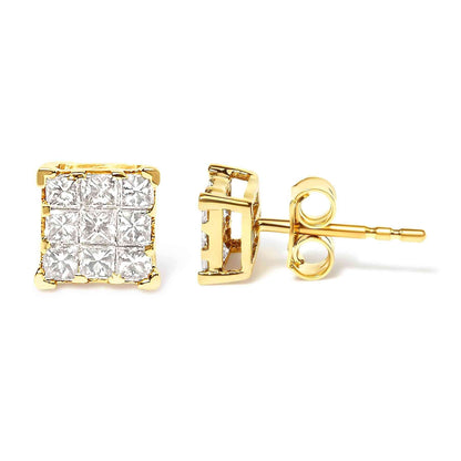 14K Yellow Gold 1/2 Cttw Invisible Set Princess-Cut Diamond 9 Stone Square Stud Earrings (J-K Color, SI2-I1 Clarity) - Bijoux-NYC Direct