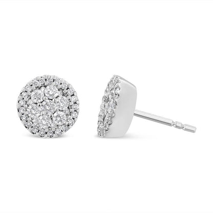 14K White Gold 1.0 Cttw Brilliant-Cut Diamond Halo-Style Cluster Round Button Stud Earrings (H-I Color, I1-I2 Clarity) - Bijoux-NYC Direct