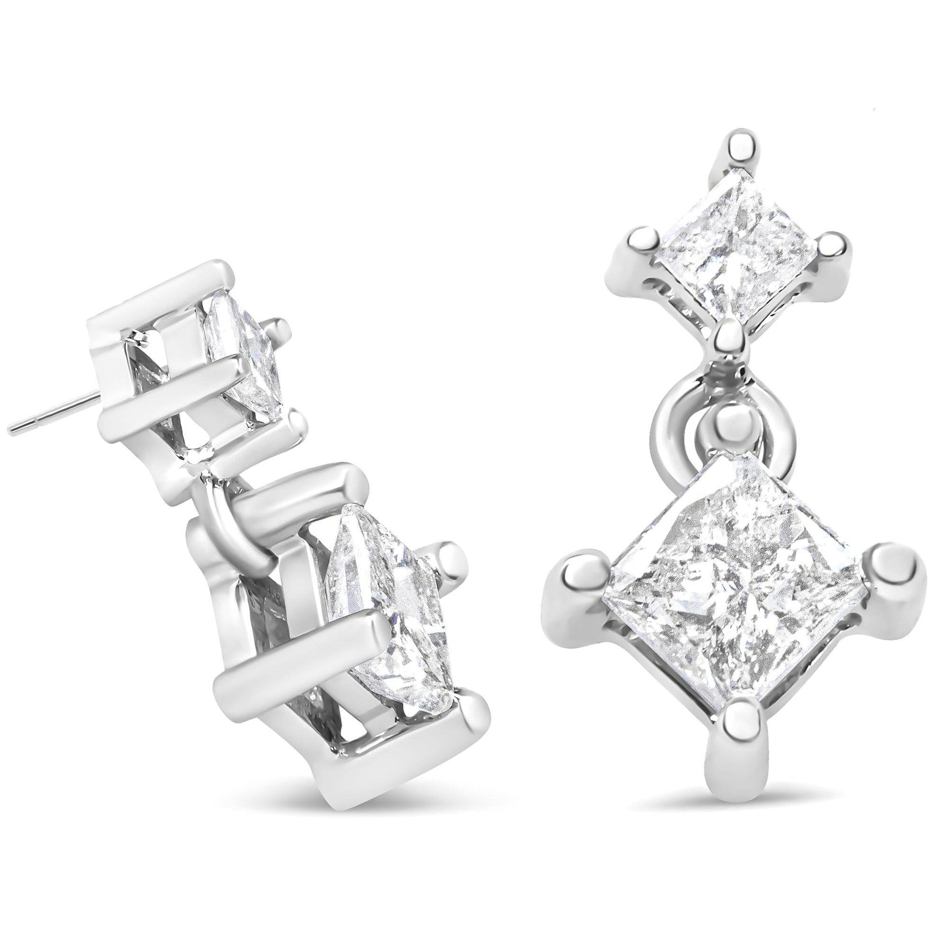 14K White Gold 3/8 Cttw Princess-Cut Diamond Double Dangle 2 Stone Stud Drop Earrings for Women (I-J Color, I2-I3 Clarity) - Bijoux-NYC Direct
