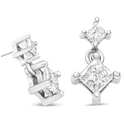 14K White Gold 3/8 Cttw Princess-Cut Diamond Double Dangle 2 Stone Stud Drop Earrings for Women (I-J Color, I2-I3 Clarity) - Bijoux-NYC Direct