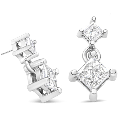 14K White Gold 1.0 Cttw Princess-Cut Double Diamond Drop Stud Earrings for Women (H-I Color, I1-I2 Clarity) - Bijoux-NYC Direct