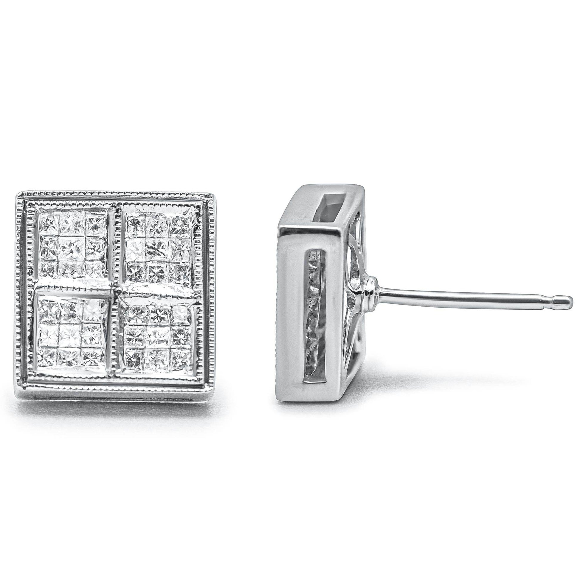14K White Gold 1/2 Cttw Princess Diamond Composite Box Shape Milgrain Stud Earrings (H-I Color, SI1-SI2 Clarity) - Bijoux-NYC Direct