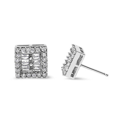 14K White Gold 1 cttw Round and Baguette Diamond Stud Earrings (H-I, SI1-SI2) - Bijoux-NYC Direct