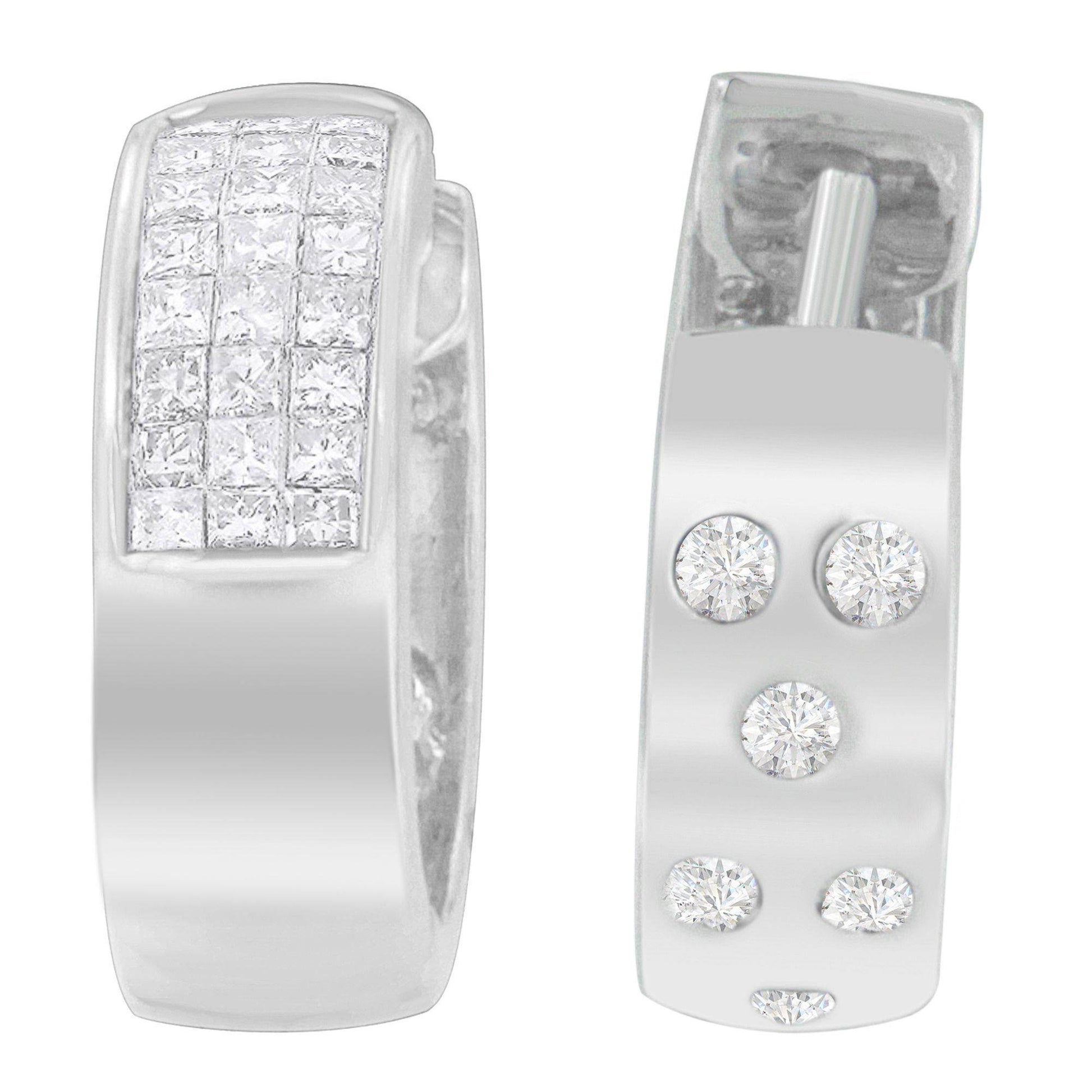 14K White Gold 1 1/8 cttw Princess and Round Cut Diamond Huggie Earrings (H-I, VS1-VS2) - Bijoux-NYC Direct