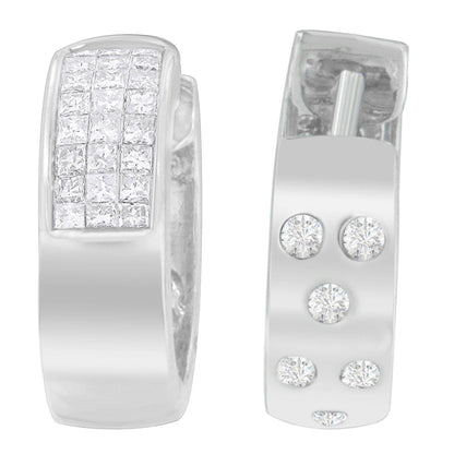14K White Gold 1 1/8 cttw Princess and Round Cut Diamond Huggie Earrings (H-I, VS1-VS2) - Bijoux-NYC Direct