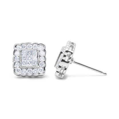14K White Gold 1.0 Cttw Round Brilliant & Princess Cut Diamond Scallop-Edge Framed Square Halo Stud Earrings (G-H Color, SI1-SI2 Clarity) - Bijoux-NYC Direct