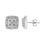 Silver square-shaped earrings with clear stones on a white background