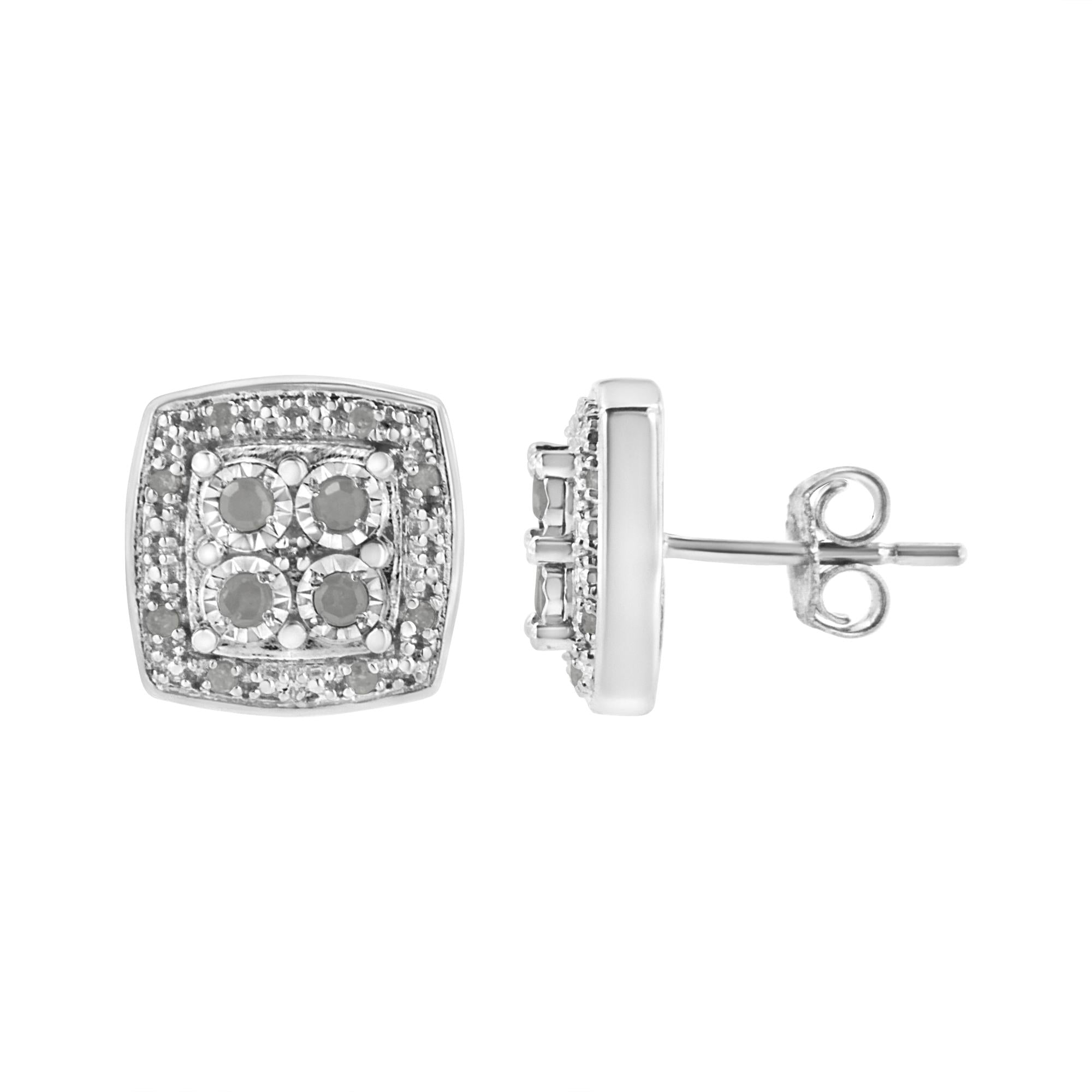 Silver square-shaped earrings with clear stones on a white background
