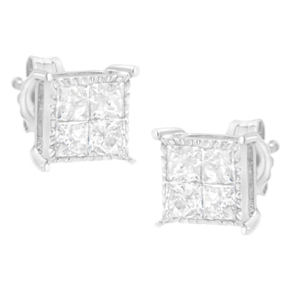 10K White Gold Square Earrings with Princess Cut Diamond (3/4 cttw, I-J Color, I2-I3 Clarity) - Bijoux-NYC Direct