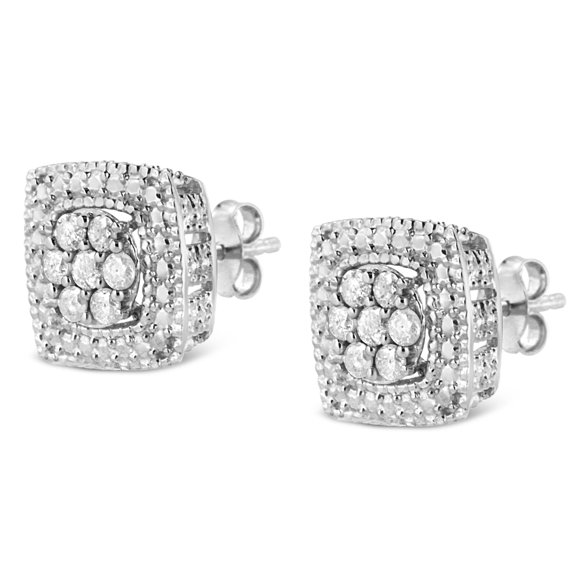.925 Sterling Silver 1/2 Cttw Diamond Miligrain Square Shape Stud Earrings (I-J Color, I2-I3 Clarity) - Bijoux-NYC Direct