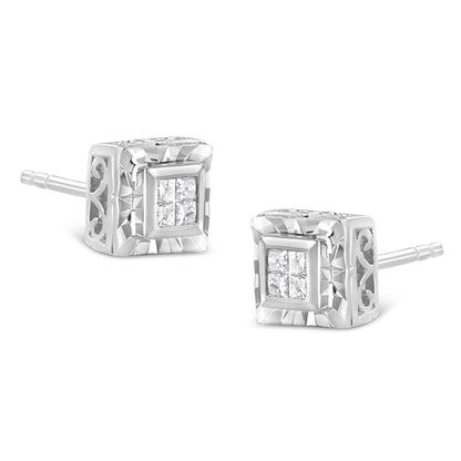 .925 Sterling Silver 1/6 Cttw Invisible Set Princess-Cut Diamond Quad Composite Stud Earrings (H-I Color, I1-I2 Clarity) - Bijoux-NYC Direct