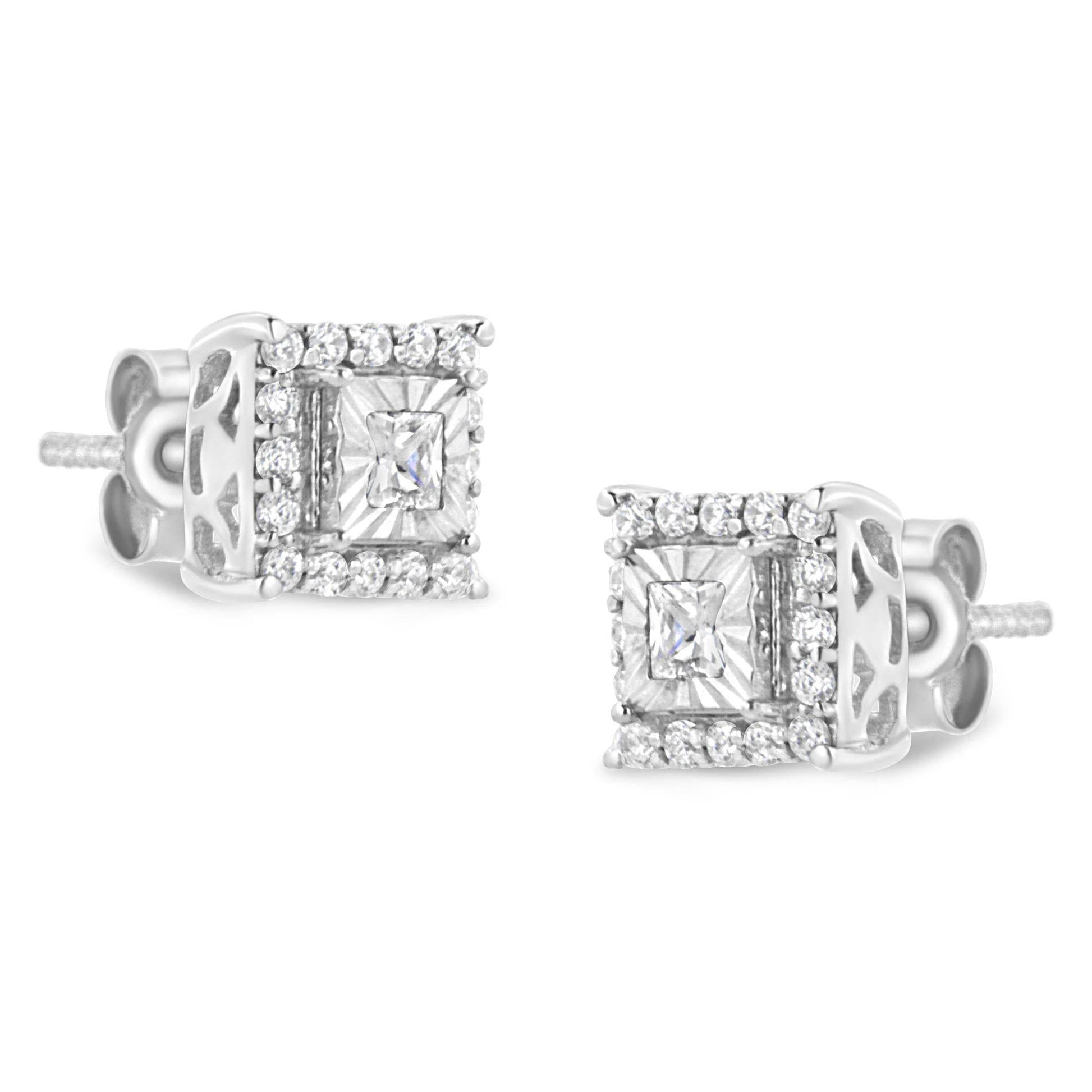 .925 Sterling Silver 1/4 Cttw Princess and Round Cut Diamond Halo Stud Earrings (I-J Color, I2-I3 Clarity) - Bijoux-NYC Direct