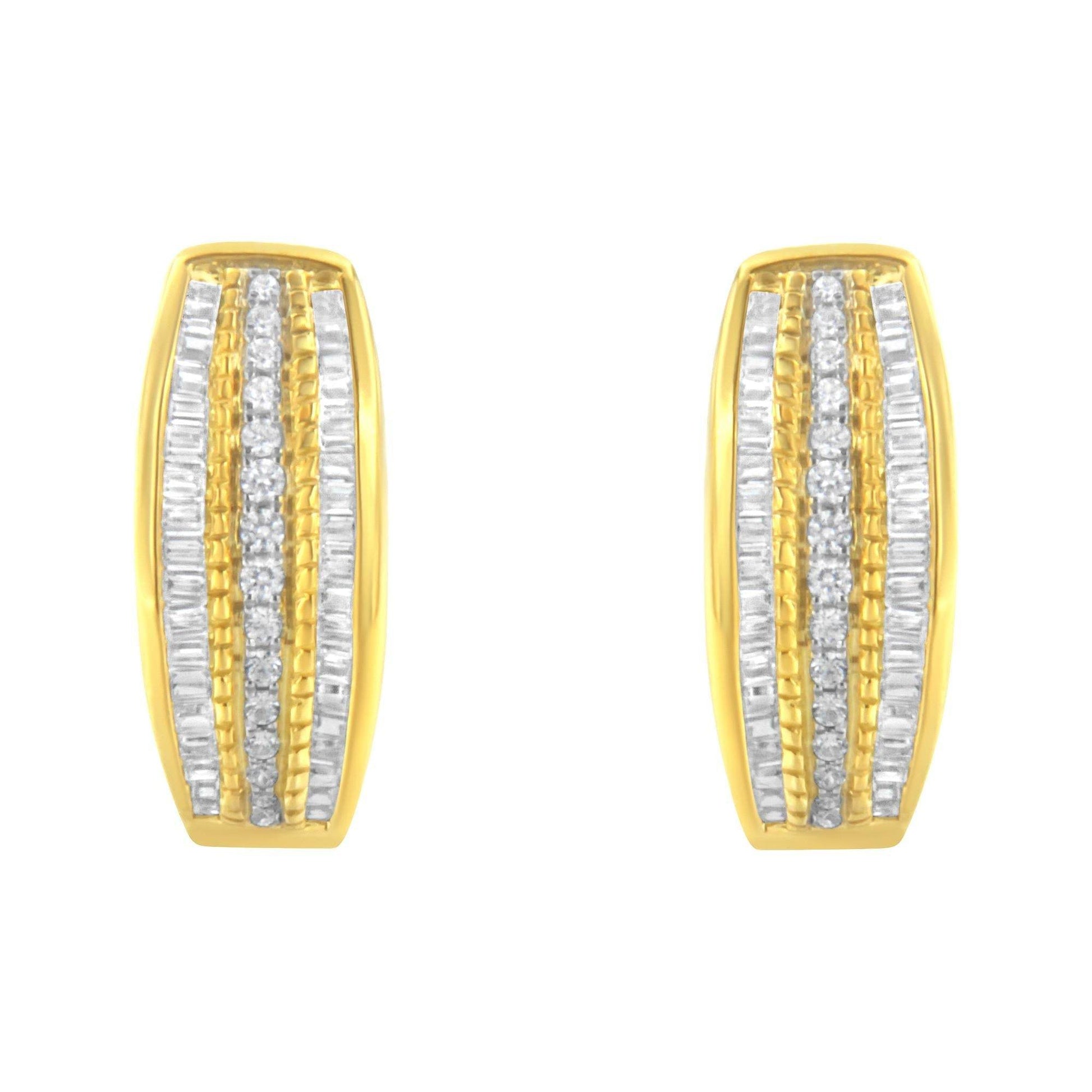 10K Yellow Gold 3/4 Cttw Pave and Channel Set Diamond Triple Row Modern Hoop Earrings (I-J Color, I2-I3 Clarity) - Bijoux-NYC Direct
