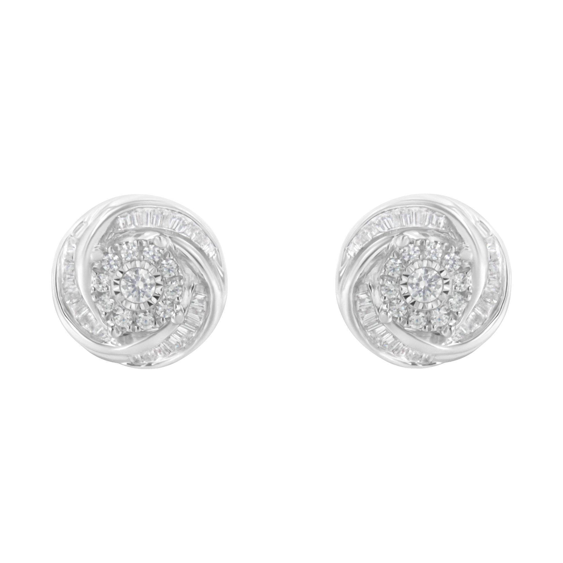 .925 Sterling Silver 3/4 Cttw Round and Baguette-Cut Diamond Love Knot Stud Earring (I-J Color, I2-I3 Clarity) - Bijoux-NYC Direct