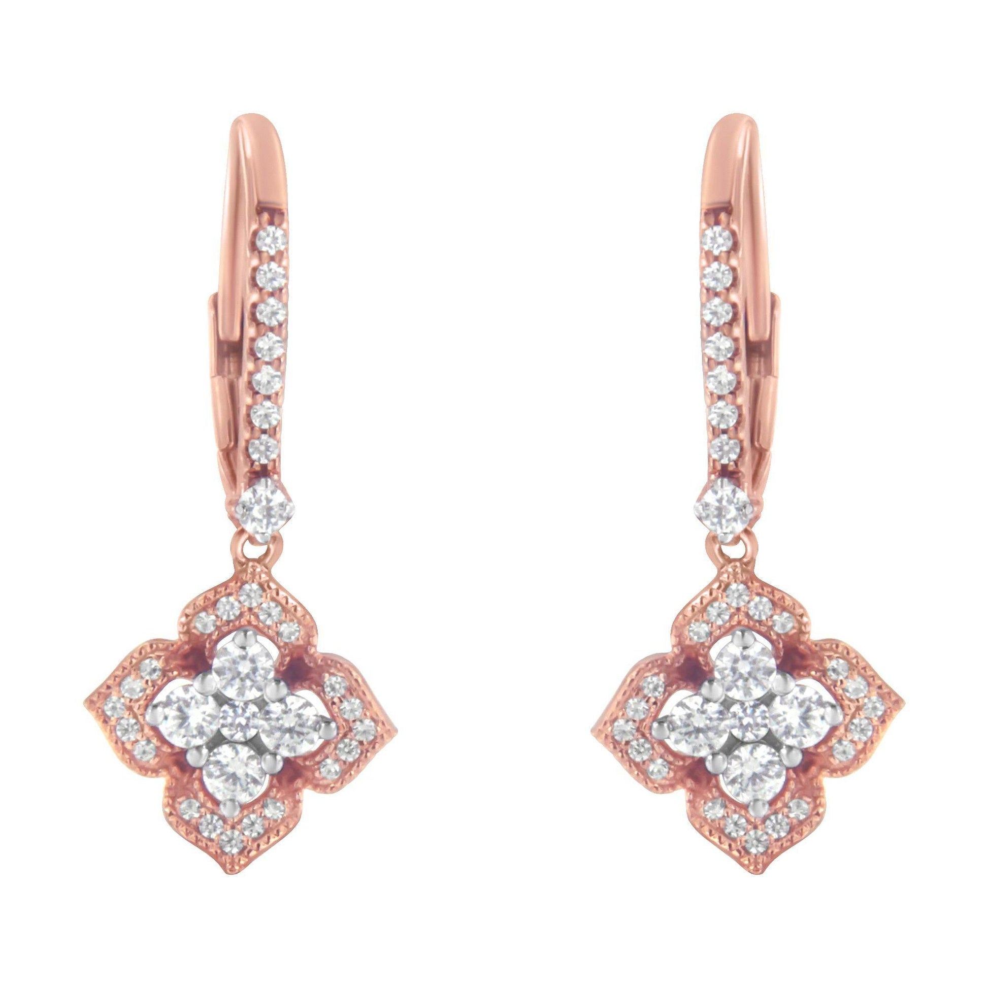 10K Rose Gold 3/4 Cttw Diamond Flower Drop Dangle Earring (I-J Color, I1-I2 Clarity) - Bijoux-NYC Direct