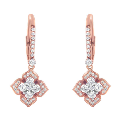 10K Rose Gold 3/4 Cttw Diamond Flower Drop Dangle Earring (I-J Color, I1-I2 Clarity) - Bijoux-NYC Direct
