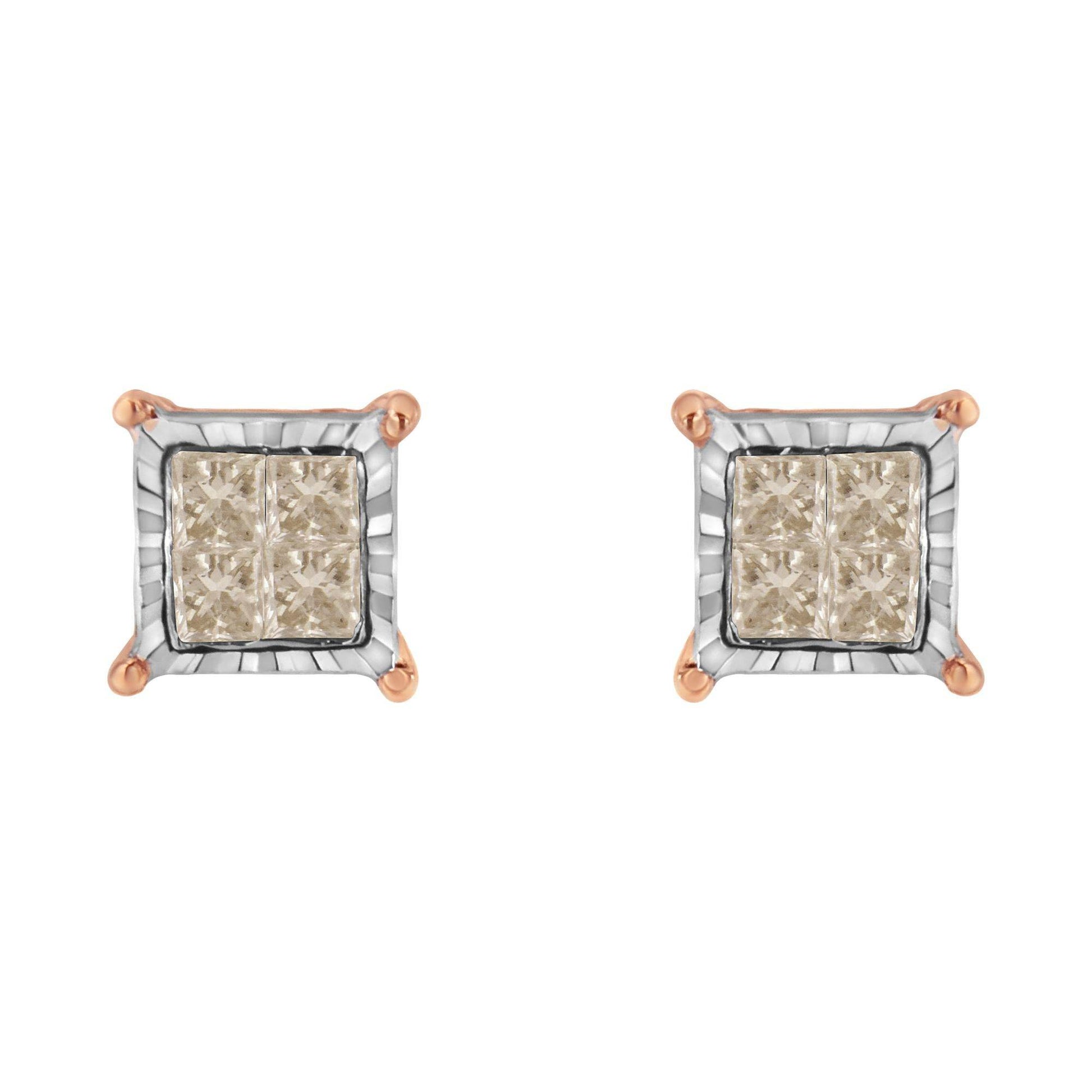 10K Two-Toned Princess-Cut Composite Diamond Stud Earrings (1/2 cttw, J-K Color, I1-I2 Clarity) - Bijoux-NYC Direct