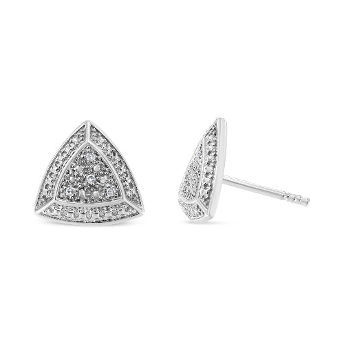 Triangular silver earrings with embedded stones on a white background