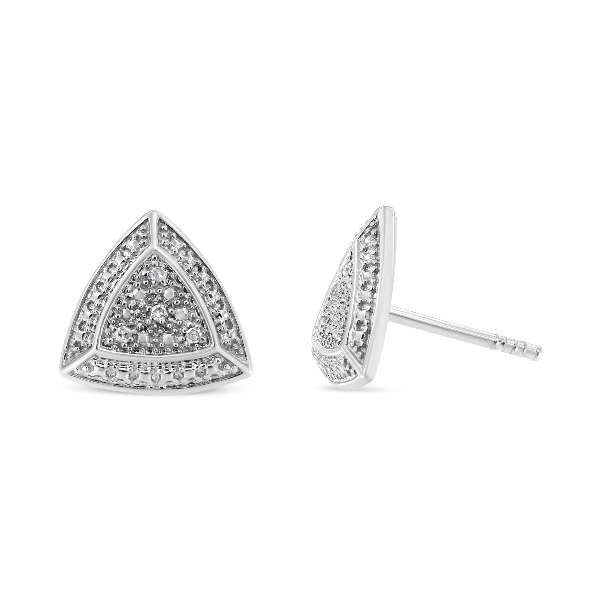 Triangular silver earrings with embedded stones on a white background