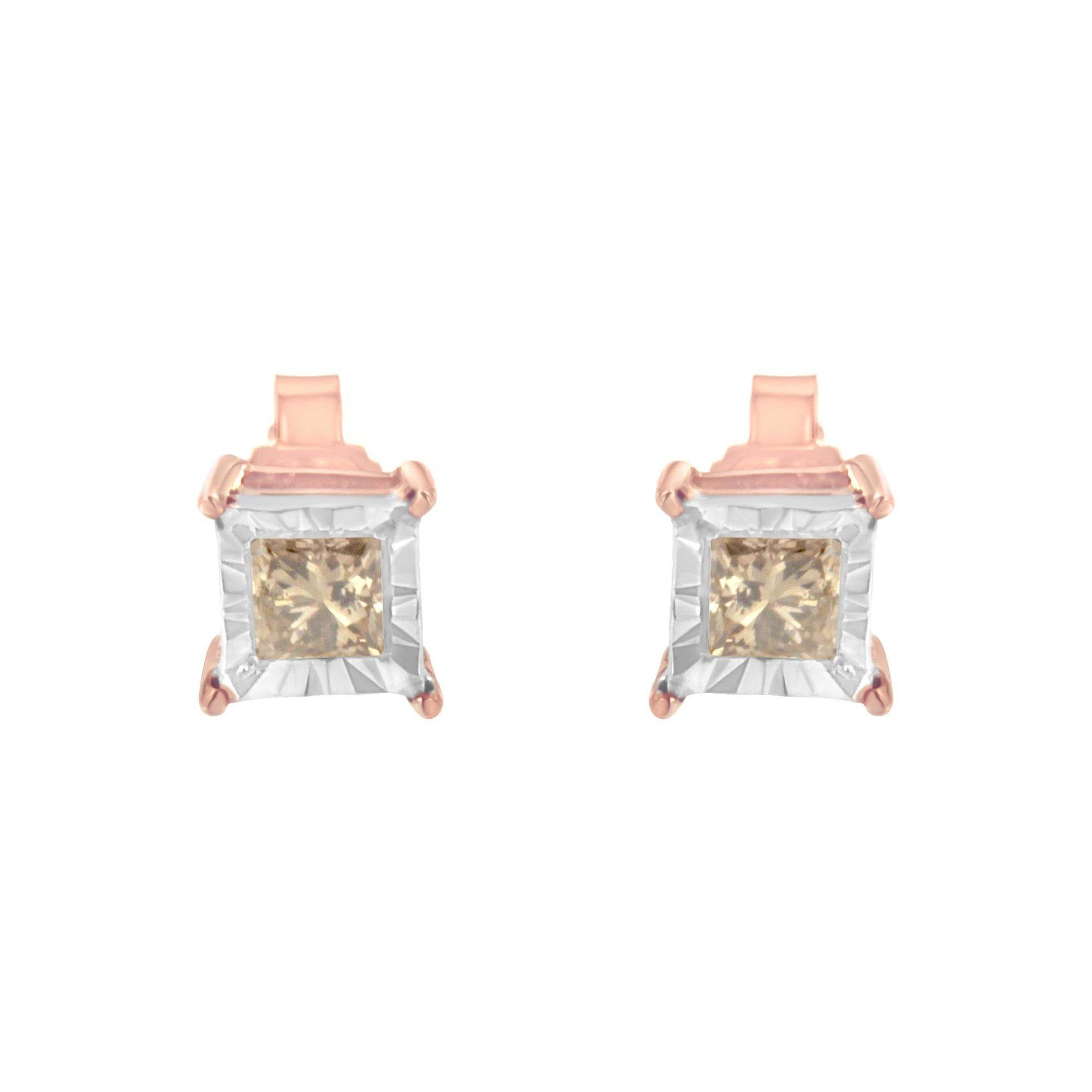 14K Rose Gold Plated Two-Tone .925 Sterling Silver 1/2 Cttw Princess-Cut Square Solitaire Stud Earrings (K-L , I2-I3 ) - Bijoux-NYC Direct