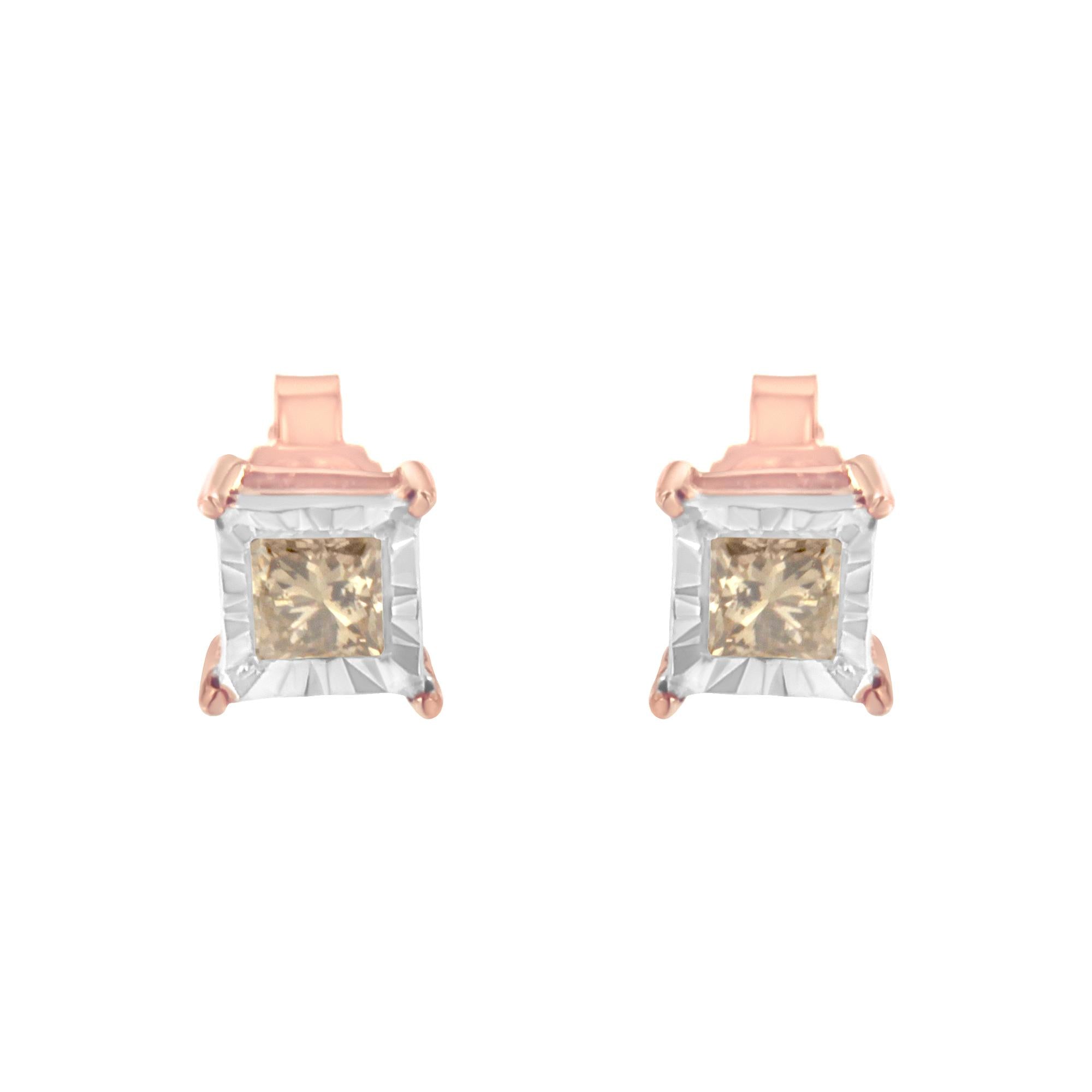 Rose gold square-cut gemstone earrings on a white background