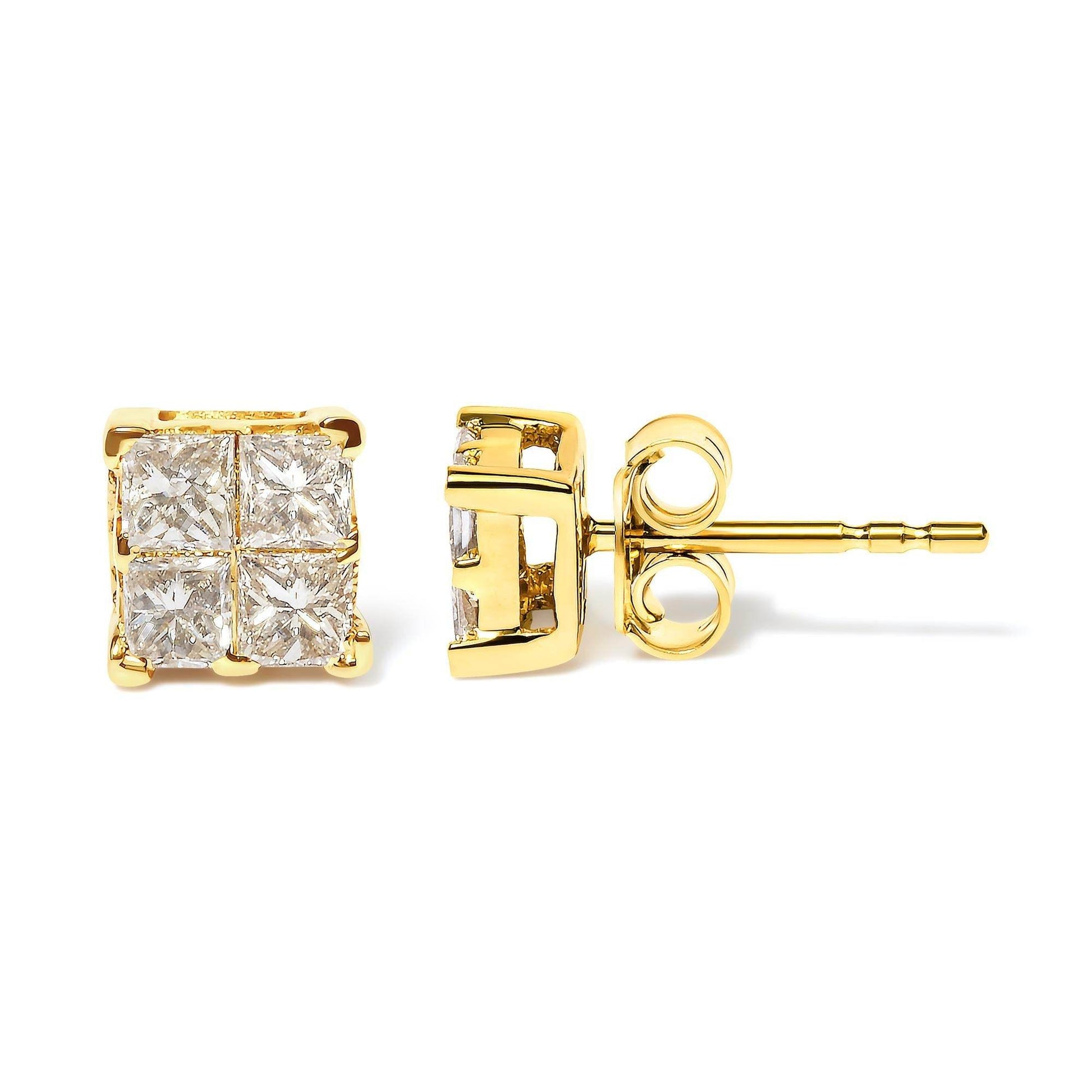 14K Yellow Gold 3/4 Cttw Invisible Set Princess-Cut Diamond 4 Stone Square Stud Earrings (J-K Color, SI2-I1 Clarity) - Bijoux-NYC Direct
