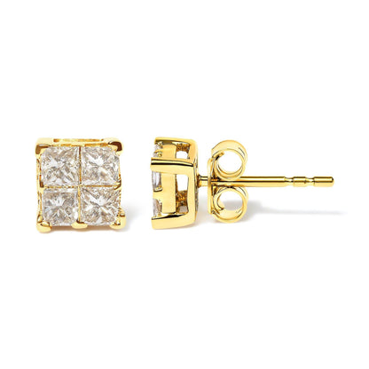 14K Yellow Gold 3/4 Cttw Invisible Set Princess-Cut Diamond 4 Stone Square Stud Earrings (J-K Color, SI2-I1 Clarity) - Bijoux-NYC Direct