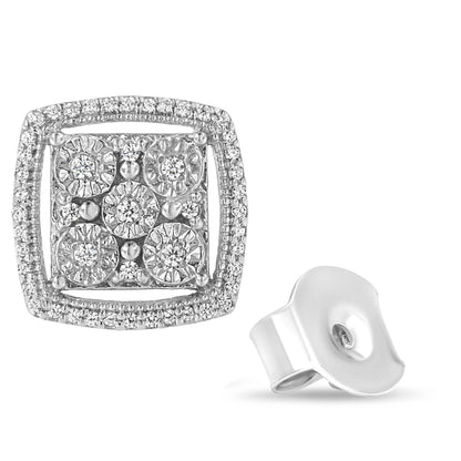 .925 Sterling Silver 3/8 Cttw Miracle Set Round Diamond Double Halo Cluster Earrings (I-J Color, I2-I3 Clarity) - Bijoux-NYC Direct