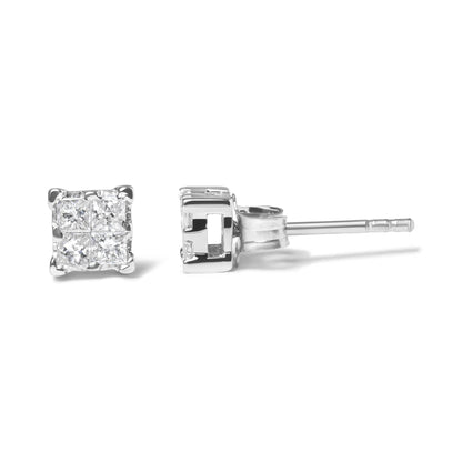 .925 Sterling Silver 1/4 Cttw Invisible Set Princess Diamond Composite Quad Stud Earrings (I-J Color, I1-I2 Clarity) - Bijoux-NYC Direct