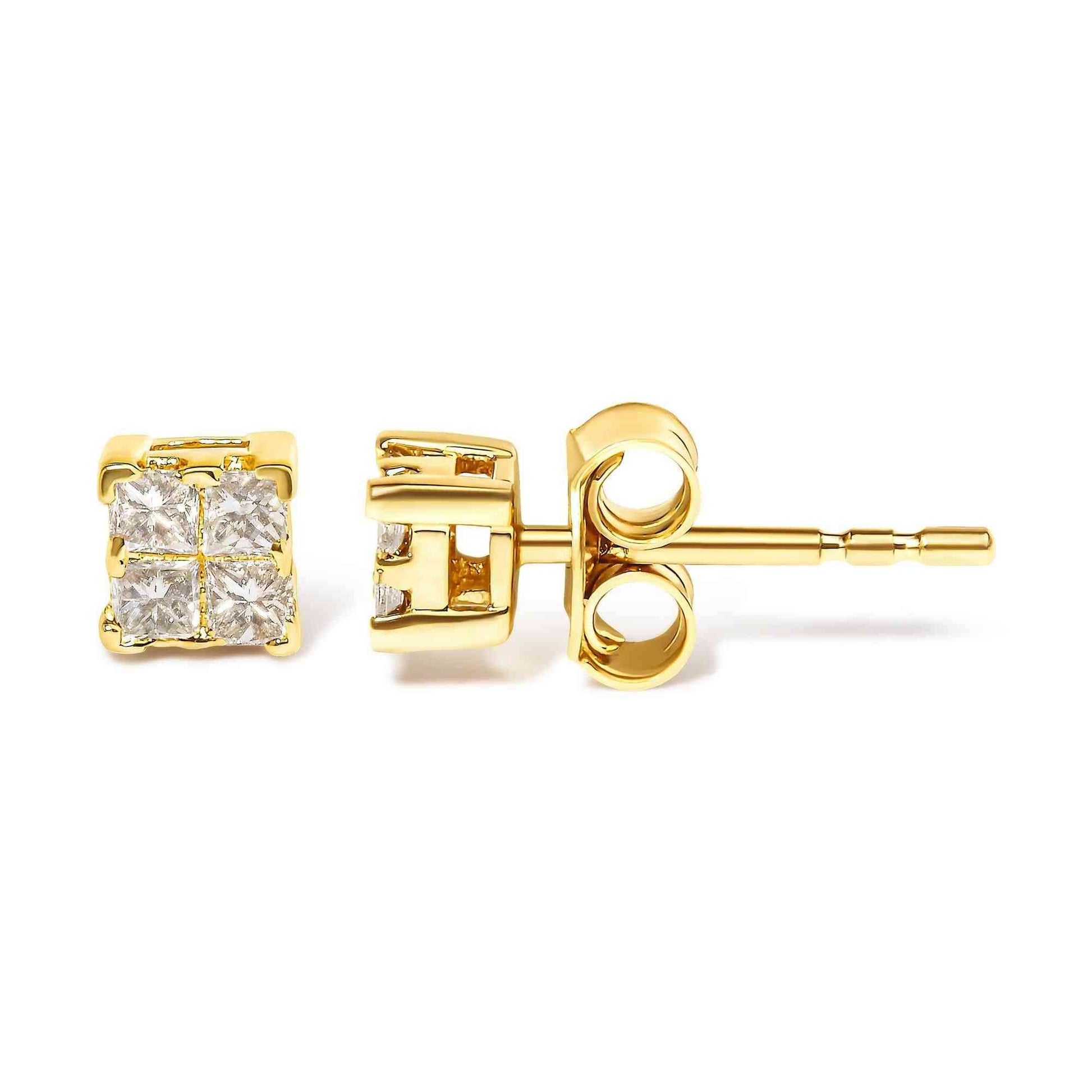 14K Yellow Gold 1/4 Cttw Invisible Set Princess-Cut Diamond Square Stud Earring (J-K Color, I1-I2 Clarity) - Bijoux-NYC Direct