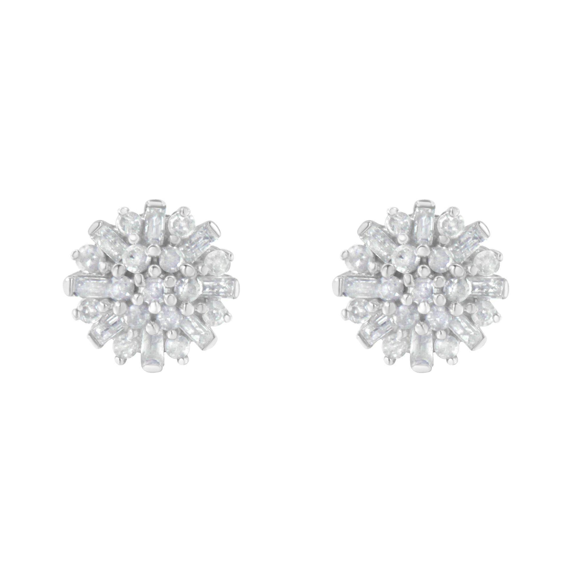 .925 Sterling Silver 1/2 Round and Baguette Diamond Sunburst Floral Cluster Stud Earrings (I-J Color, I3 Clarity) - Bijoux-NYC Direct