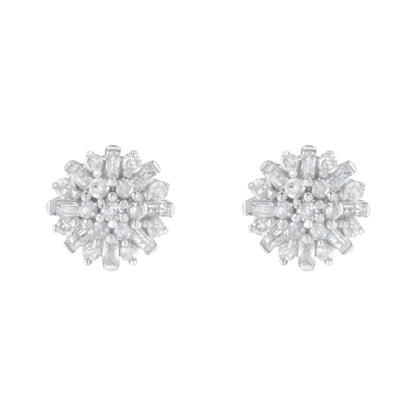 .925 Sterling Silver 1/2 Round and Baguette Diamond Sunburst Floral Cluster Stud Earrings (I-J Color, I3 Clarity) - Bijoux-NYC Direct