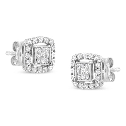 .925 Sterling Silver 1/2 Cttw Round and Princess-Cut Diamond Stud Earrings (I-J Color, I1-I2 Clarity) - Bijoux-NYC Direct
