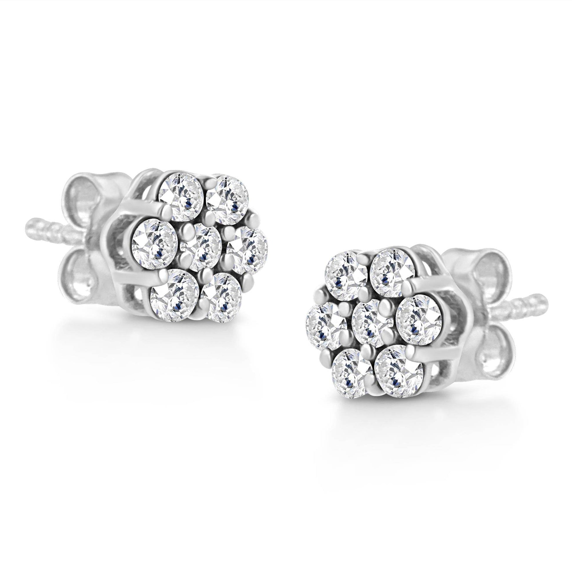14K White Gold 1/2 Cttw Prong Set Round-Cut Diamond Flower Stud Earring (H-I Color, I1-I2 Clarity) - Bijoux-NYC Direct