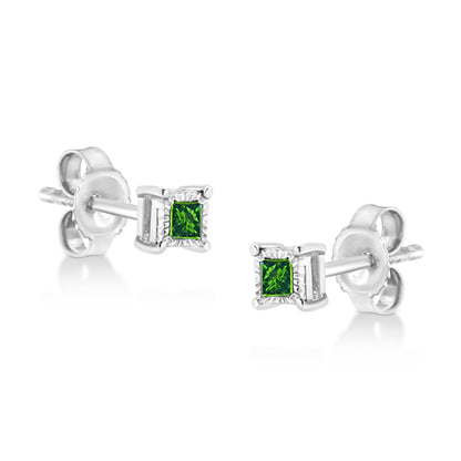 .925 Sterling Silver 1/10 Cttw Miracle Set Princess-Cut Treated Green Diamond Stud Earrings (Green Color, I1-I2 Clarity) - Bijoux-NYC Direct