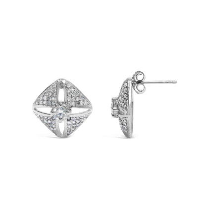 .925 Sterling Silver 1.0 Cttw Diamond Studded Rhombus Stud Earring (H-I Color, I2-I3 Clarity) - Bijoux-NYC Direct