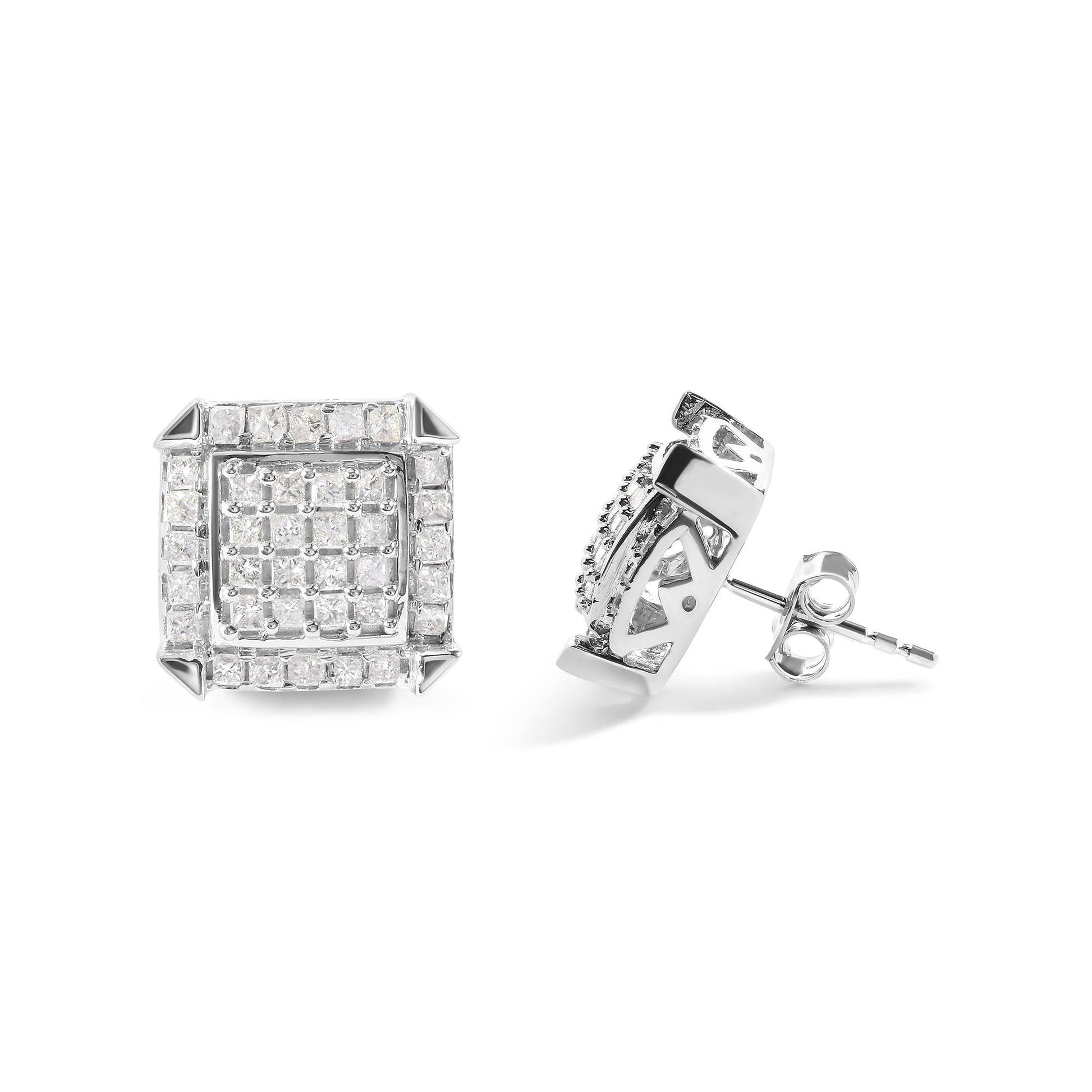 10K White Gold 1 1/10 Cttw Princess Diamond Composite and Halo Stud Earrings (I-J Color, I1-I2 Clarity) - Bijoux-NYC Direct
