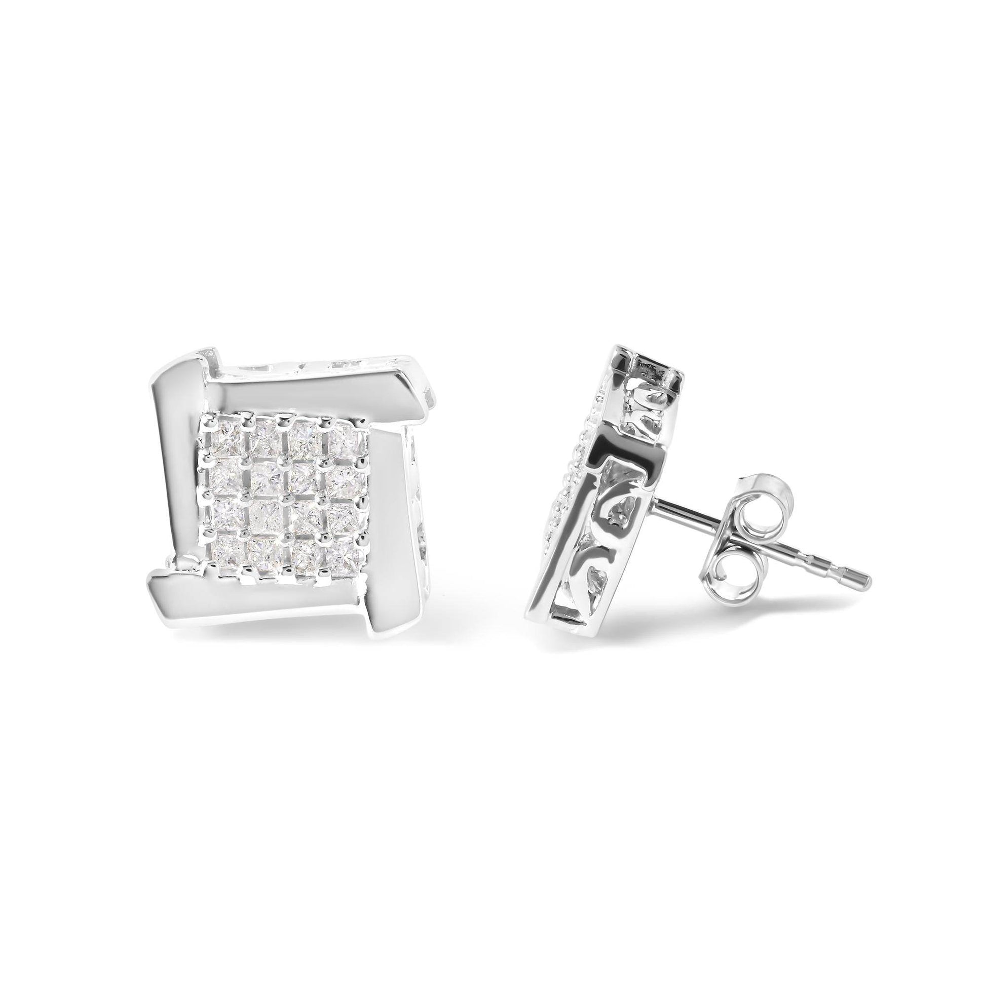 10K White Gold 1/2 Cttw Composite Princess Diamond Square and Swirl Stud Earrings (I-J Color, I1-I2 Clarity) - Bijoux-NYC Direct
