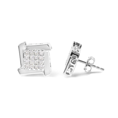 10K White Gold 1/2 Cttw Composite Princess Diamond Square and Swirl Stud Earrings (I-J Color, I1-I2 Clarity) - Bijoux-NYC Direct