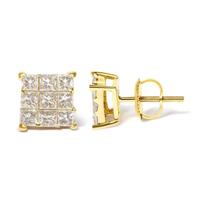 14K Yellow Gold 1 1/2 Cttw Invisible Set Princess-Cut Diamond 9 Stone Square Stud Earrings (J-K Color, SI2-I1 Clarity) - Bijoux-NYC Direct